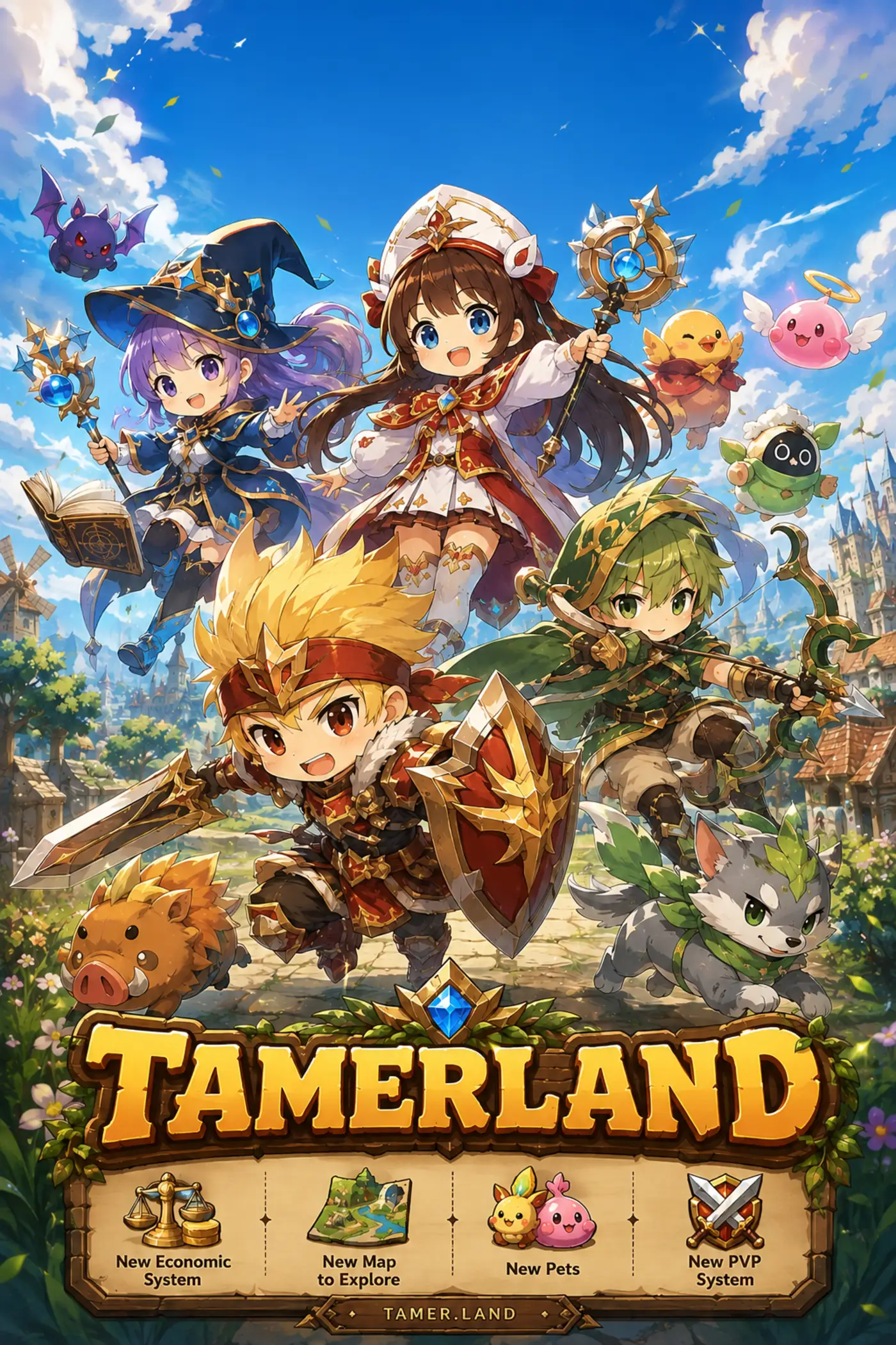 Tamerland adventurers exploring a bright fantasy kingdom