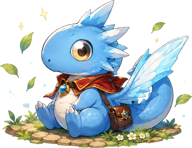 Tamerland's mascot: a blue baby dragon with crystal wings, amber eyes, a small red cape and an adventurer bag